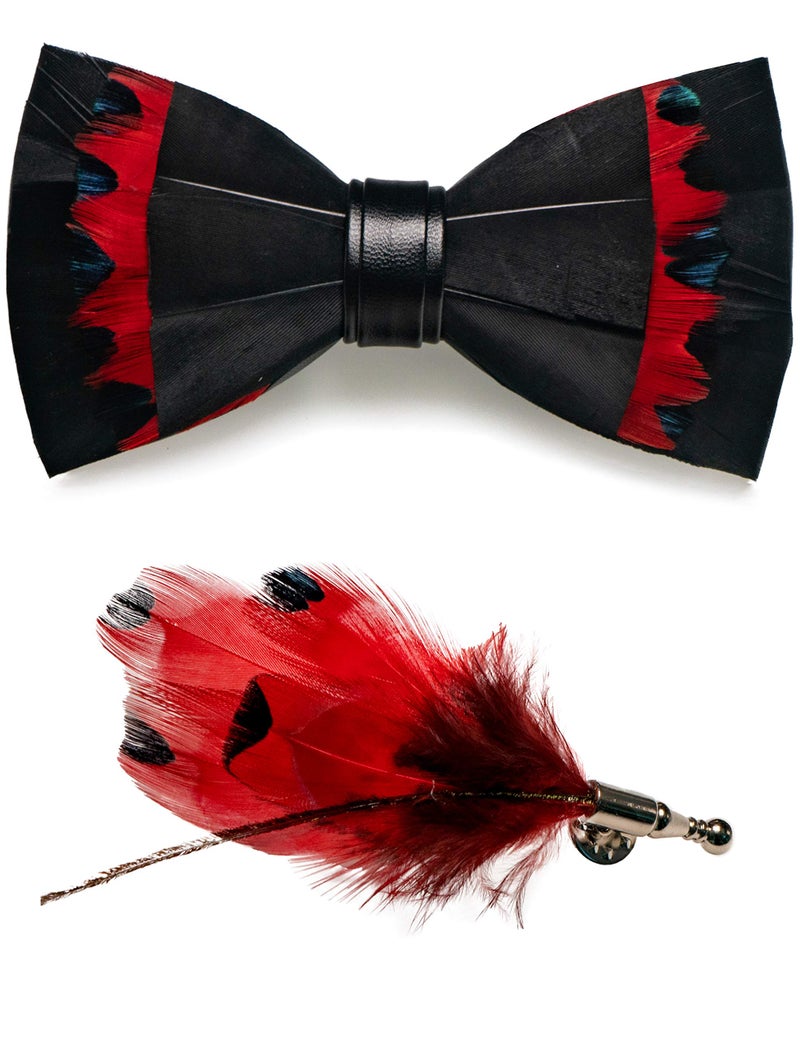 RBOCOTT Handmade Feather Red Black Pre-tied Bow tie and Brooch Sets for Men (20) - Image 1